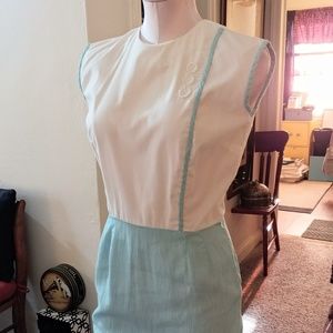 Vintage Dress 1940s Style Summer Dress White Top with Blue Piping